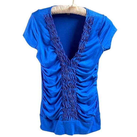Moa Moa Ruffled Ruched Ladies Short Sleeve Top Blouse Size Large Blue - Picture 1 of 5